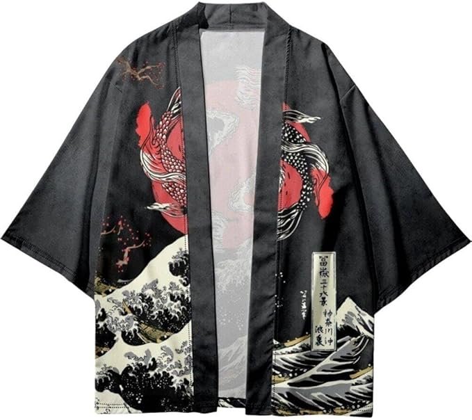 Lipfer Kimono Japonés para Hombre negro con estampado