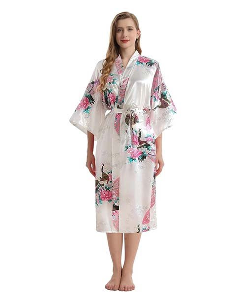 Trifolium Bata Kimono y Camisón de Seda Satinada con Estampado de Pavo Real para la Boda